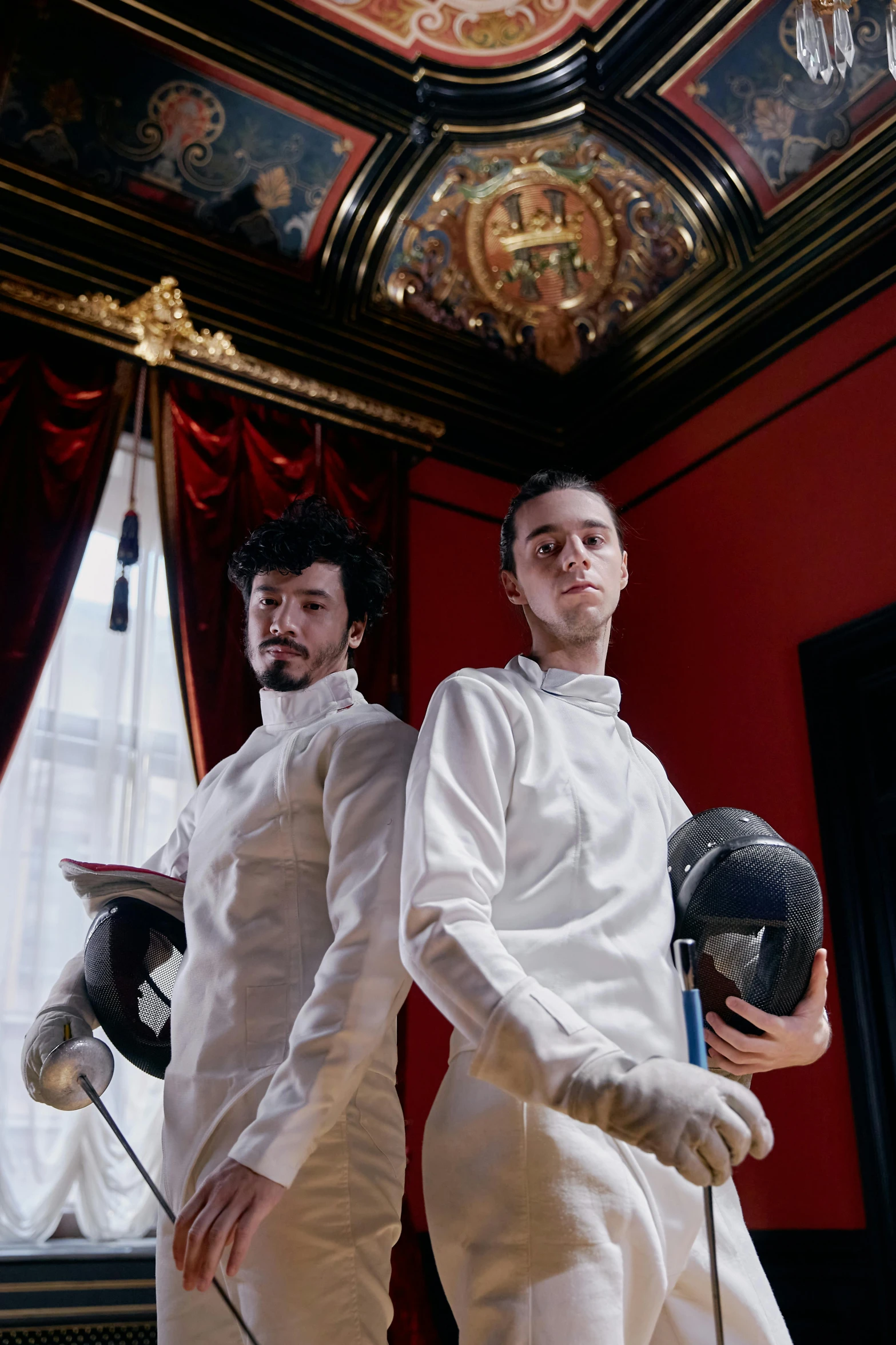 a couple of men standing next to each other, an album cover, inspired by Horace Vernet, renaissance, fencing, in their noble mansion, photo from a promo shoot, jaquet droz