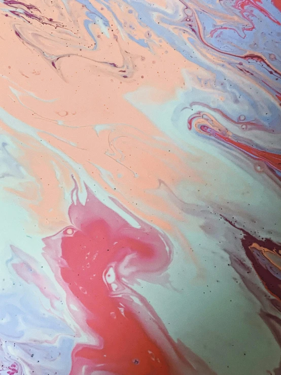 a close up of a painting on a table, a detailed painting, by Sara Saftleven, trending on unsplash, abstract art, flowing milk, pink hues, iridescent skin, red swirls