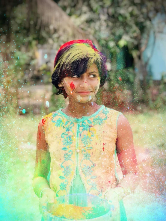 a little girl that is standing in the grass, a colorized photo, by Sudip Roy, pexels, color field, glitter gif, splattered goo, a handsome, with a whitish