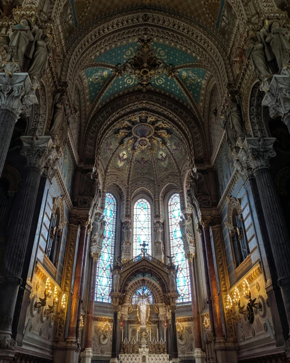 the interior of a church with stained glass windows, a mosaic, unsplash contest winner, baroque, ornate french architecture, high - angle view, standing in front of the altar, snapchat photo