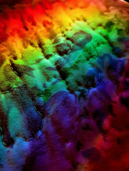 a rainbow colored cake sitting on top of a table, a microscopic photo, by Tony Szczudlo, color field, abstract painting fabric texture, macro art, airbrushed clouds, felt!!! texture