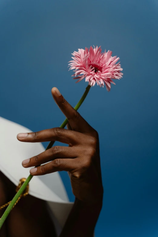 a woman in a white hat holding a pink flower, an album cover, inspired by Robert Mapplethorpe, unsplash, lupita nyong'o, long fingernails, clear blue skies, detail shot