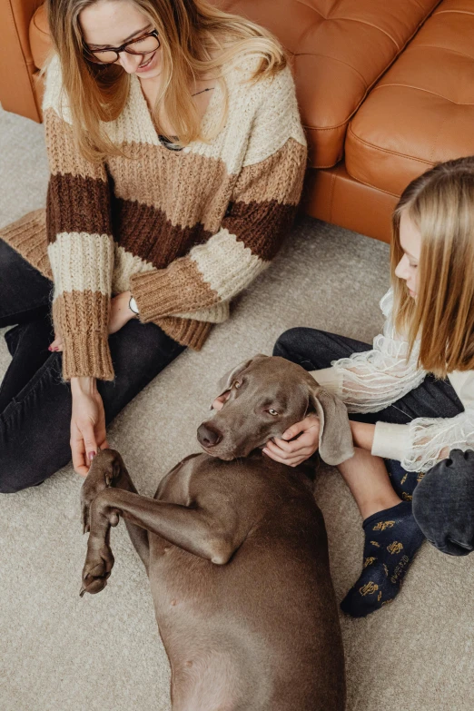 a woman sitting on the floor petting a dog, family friendly, wearing a sweater, bio-inspired, girls