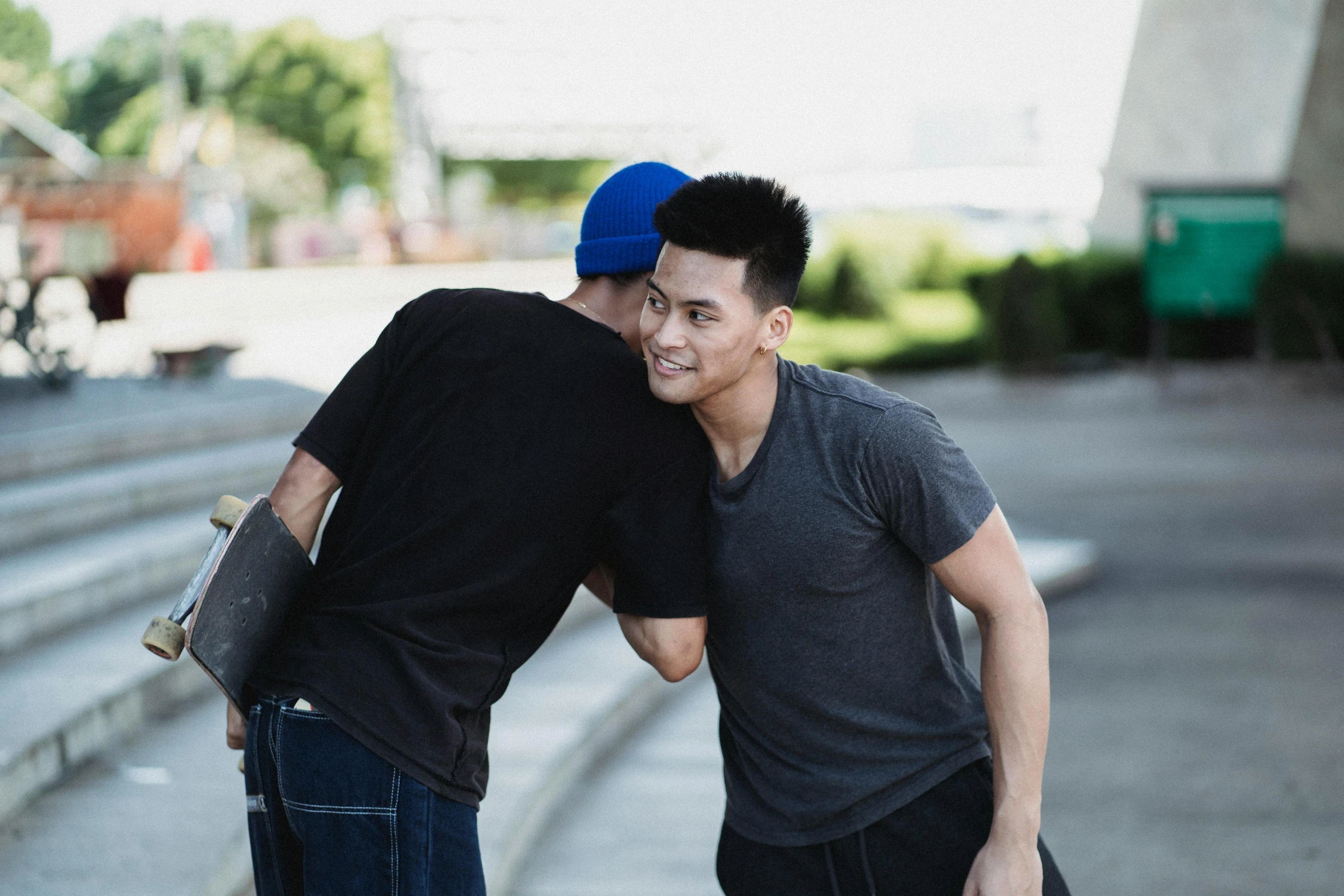 a couple of young men standing next to each other, pexels contest winner, happening, lee griggs and jason chan, hugs, rollerbladers, 15081959 21121991 01012000 4k