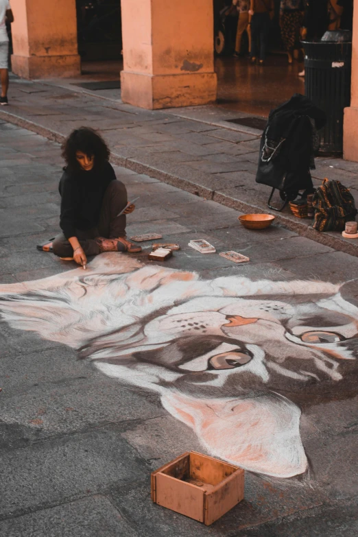 a woman is drawing a picture on the sidewalk, by Grillo Demo, pexels contest winner, street art, warm shading, furry artist, evening time, square