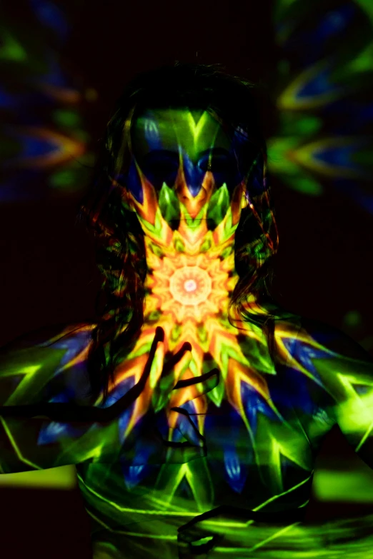 a glass vase sitting on top of a table, a hologram, inspired by Alex Grey, psychedelic art, elaborate lights. mask on face, fractal detail, 3 d neon art of a womens body, seen through a kaleidoscope