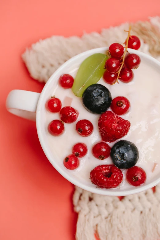 a cup of yogurt with berries on top, pexels, renaissance, red color theme, 15081959 21121991 01012000 4k, pastel', ivy's