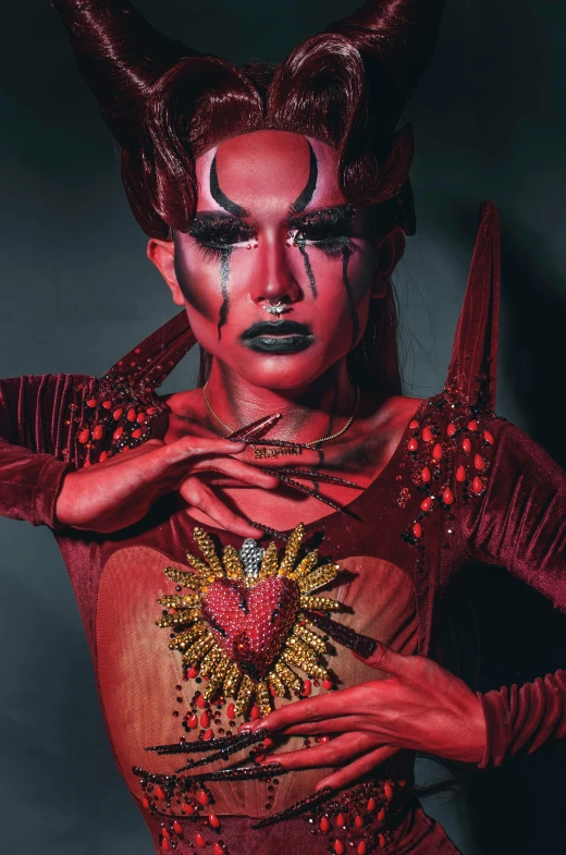 a close up of a person in a costume, an album cover, inspired by Hedi Xandt, trending on pexels, transgressive art, red demon armor, hearts, dagoth ur, drag