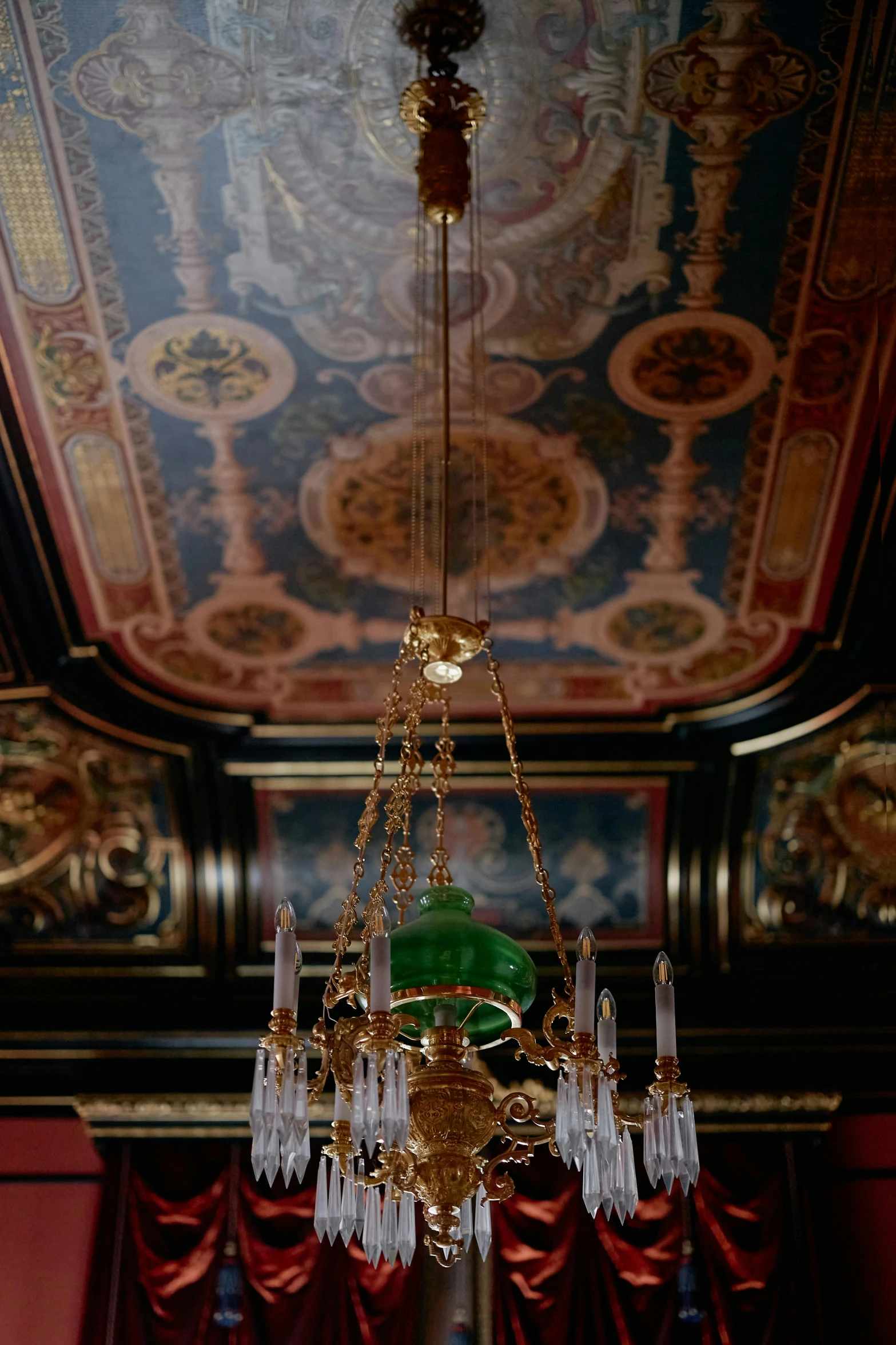 a chandelier hanging from the ceiling in a room, inspired by Stanislas Lépine, slide show, grand library, detail, dessert