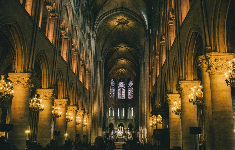 the inside of a cathedral with chandeliers and chandeliers, pexels contest winner, the city of paris, 70s interior with arched windows, wide high angle view, brown