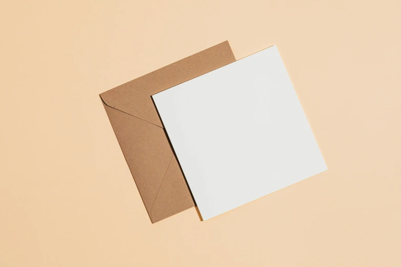 a blank card sitting on top of a brown envelope, an album cover, inspired by Agnes Martin, unsplash, fan favorite, smooth porcelain skin, card template, square