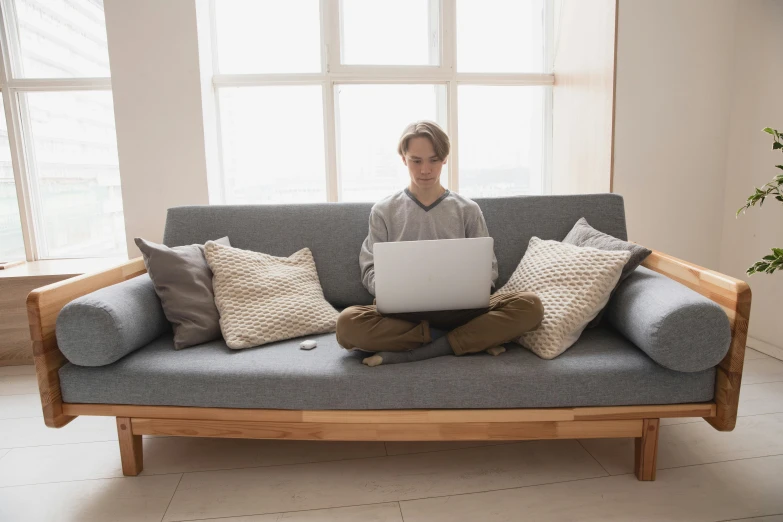 a man sitting on a couch with a laptop, a computer rendering, by Carey Morris, pexels, hammershøi, well - decorated, dustin lefevre, around 1 9 years old