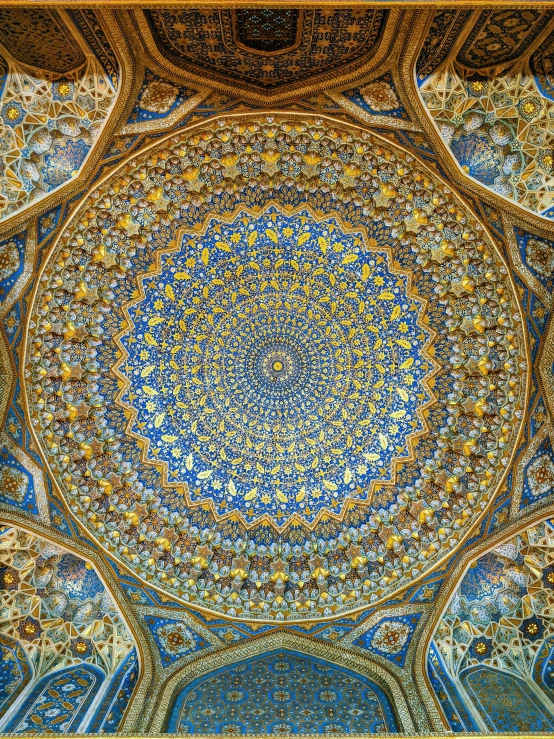 an ornate ceiling in the middle of a building, a mosaic, arabesque, 2 5 6 x 2 5 6 pixels, jaw-dropping beauty, blue and gold color scheme, insanely highly detailed artwork