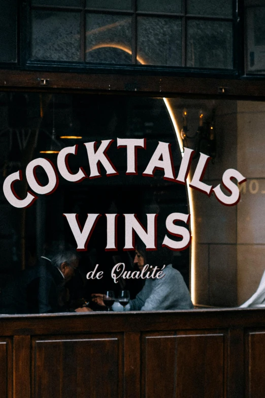 a window with a sign that says cocktails vins, by Daniël Mijtens, pexels contest winner, very smoky paris bar, soft vinyl, profile image, long vines