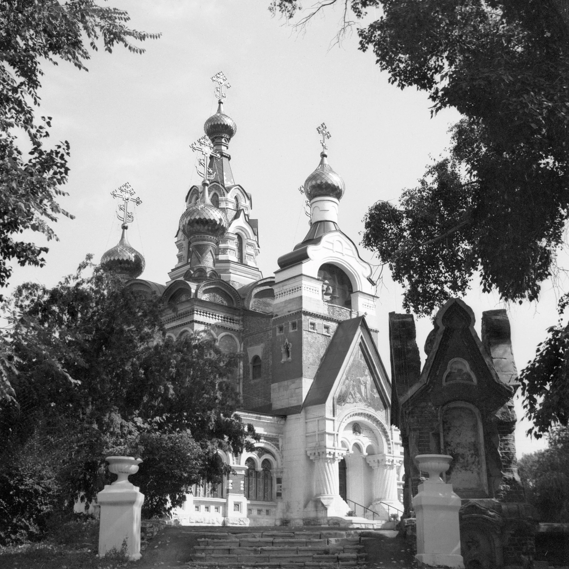 a black and white photo of a church, baroque, style of ivan shishkin, taken in the early 1960s, art nouveau temple, pagoda