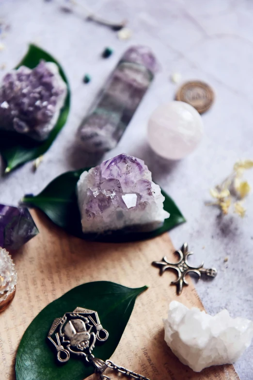 a bunch of crystals sitting on top of a wooden cutting board, inspired by Eden Box, trending on pexels, renaissance, violet theme, lush plant and magical details, silver jewellery, a small