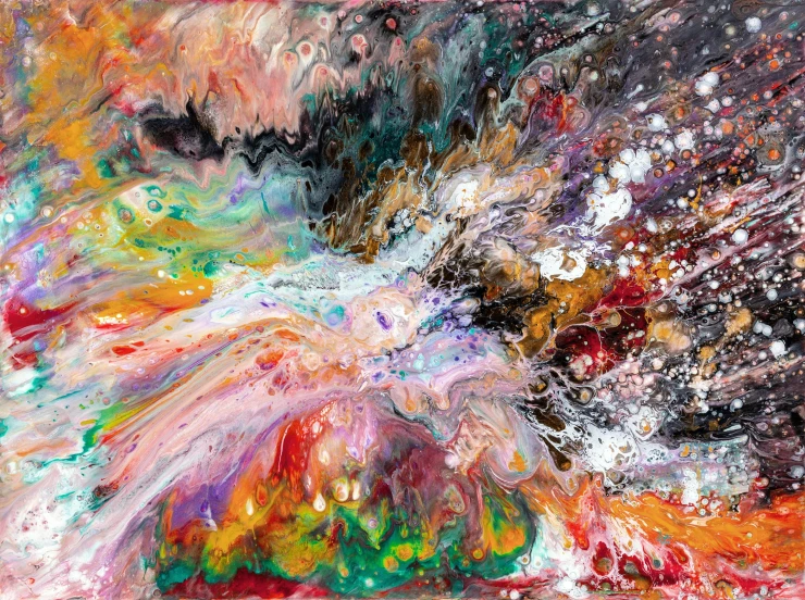 a painting of a dog playing with a ball, an abstract painting, inspired by Shōzō Shimamoto, unsplash, metaphysical painting, pouring iridescent rain, bird eye view, 144x144 canvas, highly turbulent