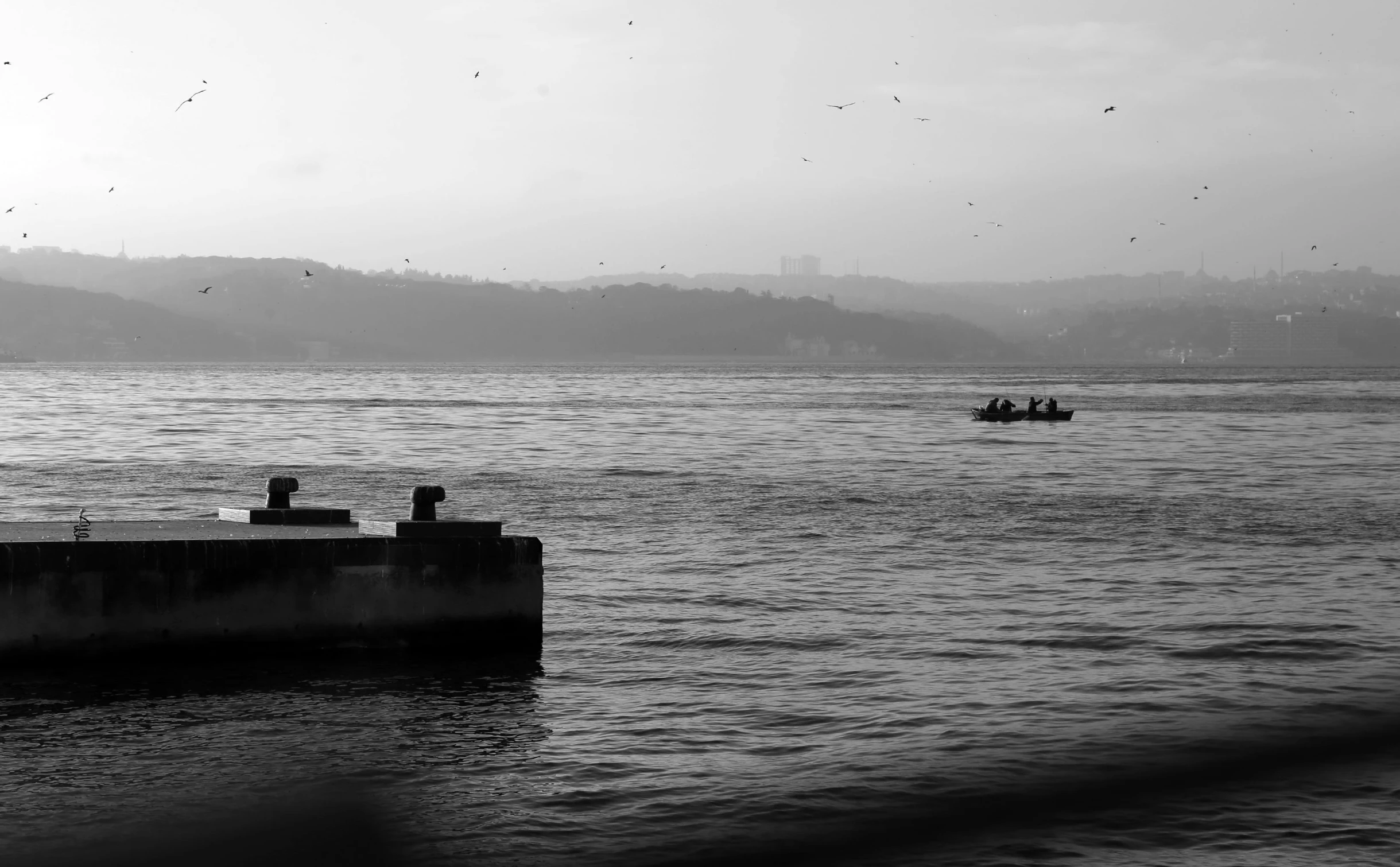 a black and white photo of a boat in the water, by Niyazi Selimoglu, flying birds in distance, istanbul, :: morning, photographic print