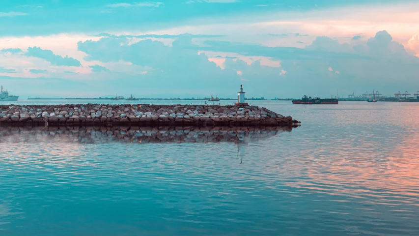 a boat sitting on top of a body of water, inspired by Elsa Bleda, pexels contest winner, south jakarta, light house, panorama shot, pastel hues