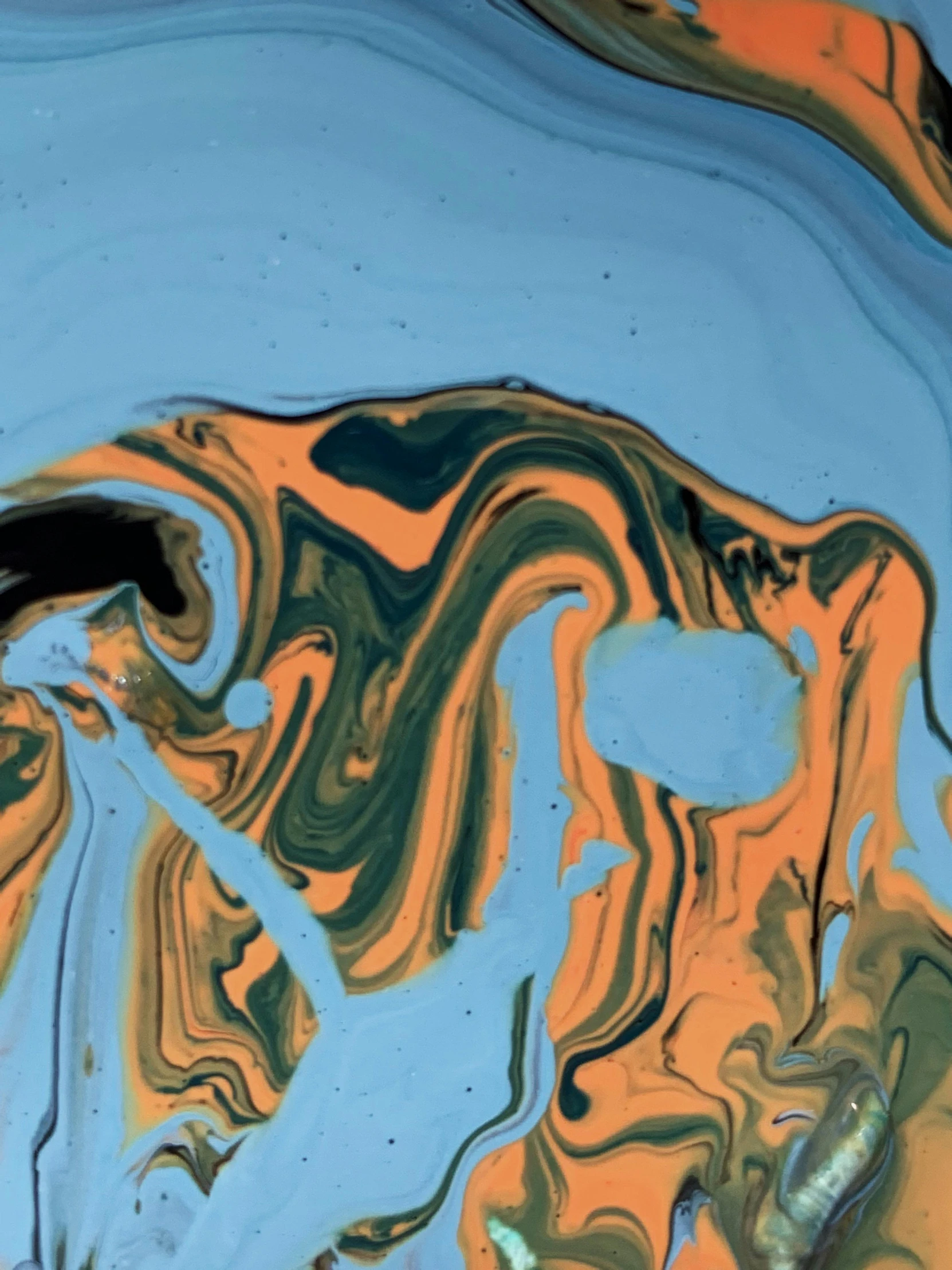 a close up of a painting of a person on a surfboard, trending on unsplash, action painting, marbled swirls, orange and blue color scheme, made of liquid, houdini algorithm generative art