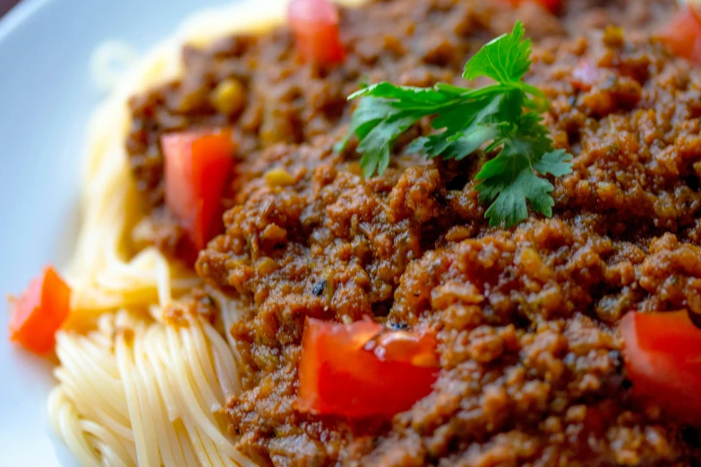 a plate of spaghetti with meat and tomatoes, a portrait, by Jason Felix, pexels, close up shot from the side, ethiopian, chili, full view with focus on subject