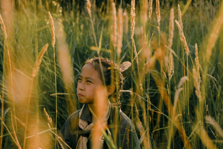 a little girl standing in a field of tall grass, inspired by Tang Yifen, unsplash, fantastic realism, still from a wes anderson film, avatar image, hanfu, girl with plaits