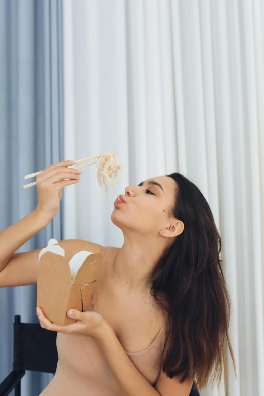 a pregnant woman eating noodles with chopsticks, inspired by Tan Ting-pho, unsplash, conceptual art, megan fox made out of mayonnaise, skincare, kiko mizuhara, licking out