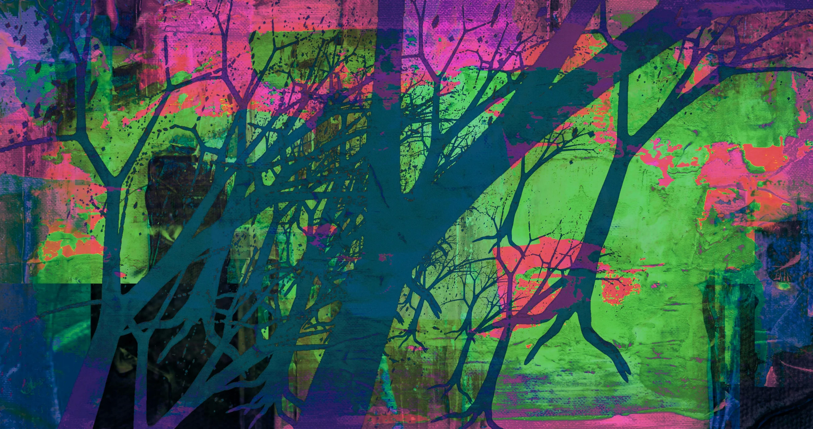 a painting of a person standing in front of a tree, a digital painting, inspired by Richter, conceptual art, blue and purple and green, branches composition abstract, dayglo, grungy dystopia