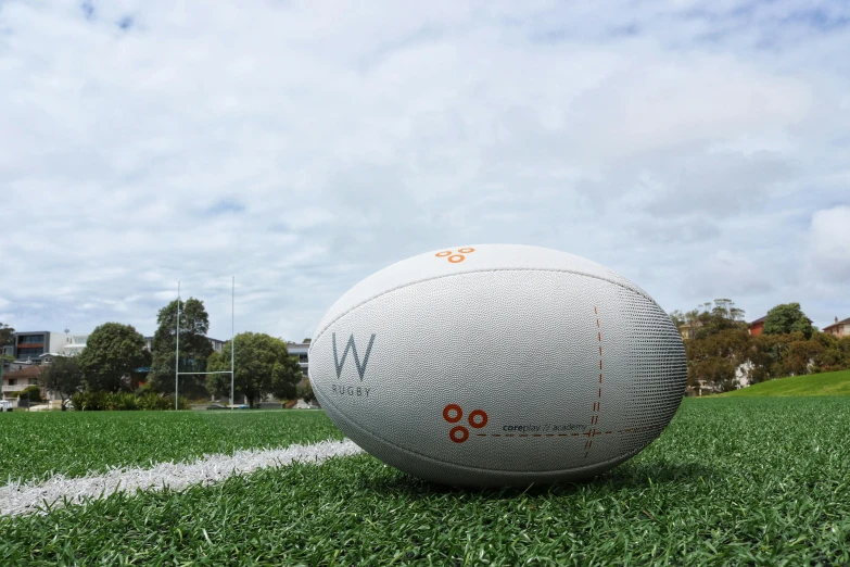 a white ball sitting on top of a lush green field, inspired by Doug Wildey, hurufiyya, manly, wide angle exterior 2022, grey orange, dingy gym