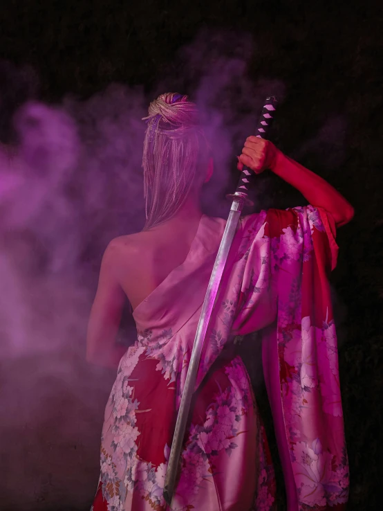 a woman in a pink dress holding a sword, an album cover, inspired by Torii Kiyonobu I, pexels contest winner, smoke machine, ( ( theatrical ) ), profile image, silk robes