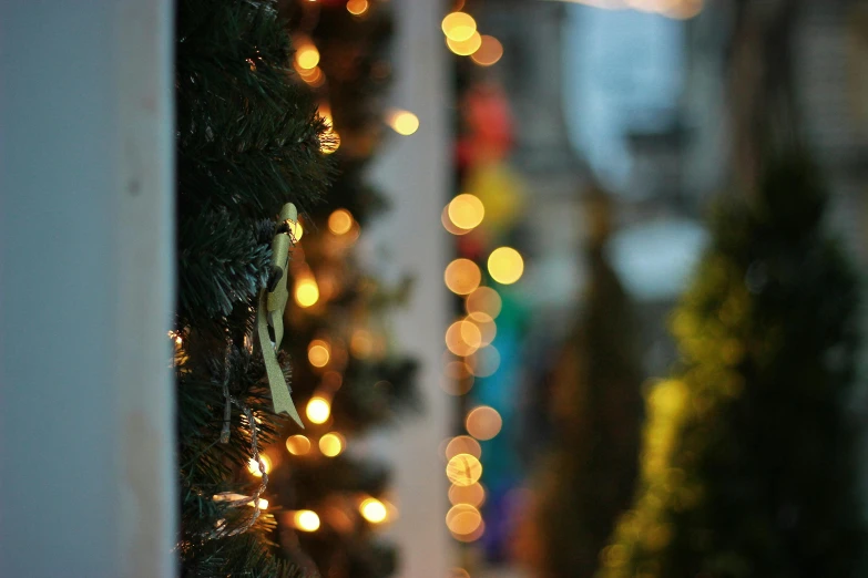 a bunch of lights that are on the side of a building, by Alice Mason, pexels, christmas tree, low depth of field, delightful surroundings, yellow street lights