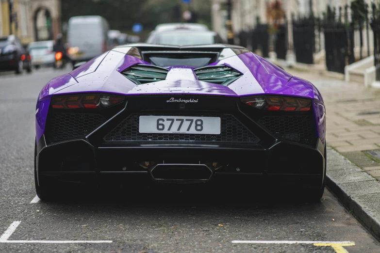 a purple sports car parked on the side of the road, pexels contest winner, renaissance, in london, lamborghini, rectangle, rear shot