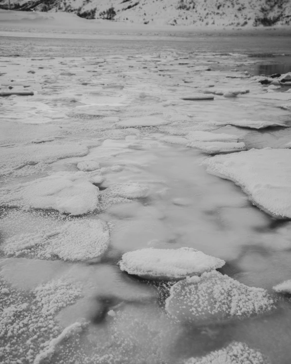 a black and white photo of a frozen lake, a black and white photo, inspired by Vija Celmins, unsplash, icebergs, stepping stones, sea floor, north pole