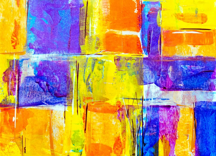 a painting with a lot of colors on it, by Whitney Sherman, pexels, abstract art, yellow and purple color scheme, jpeg artefacts on canvas, architectural painting, abstract blocks