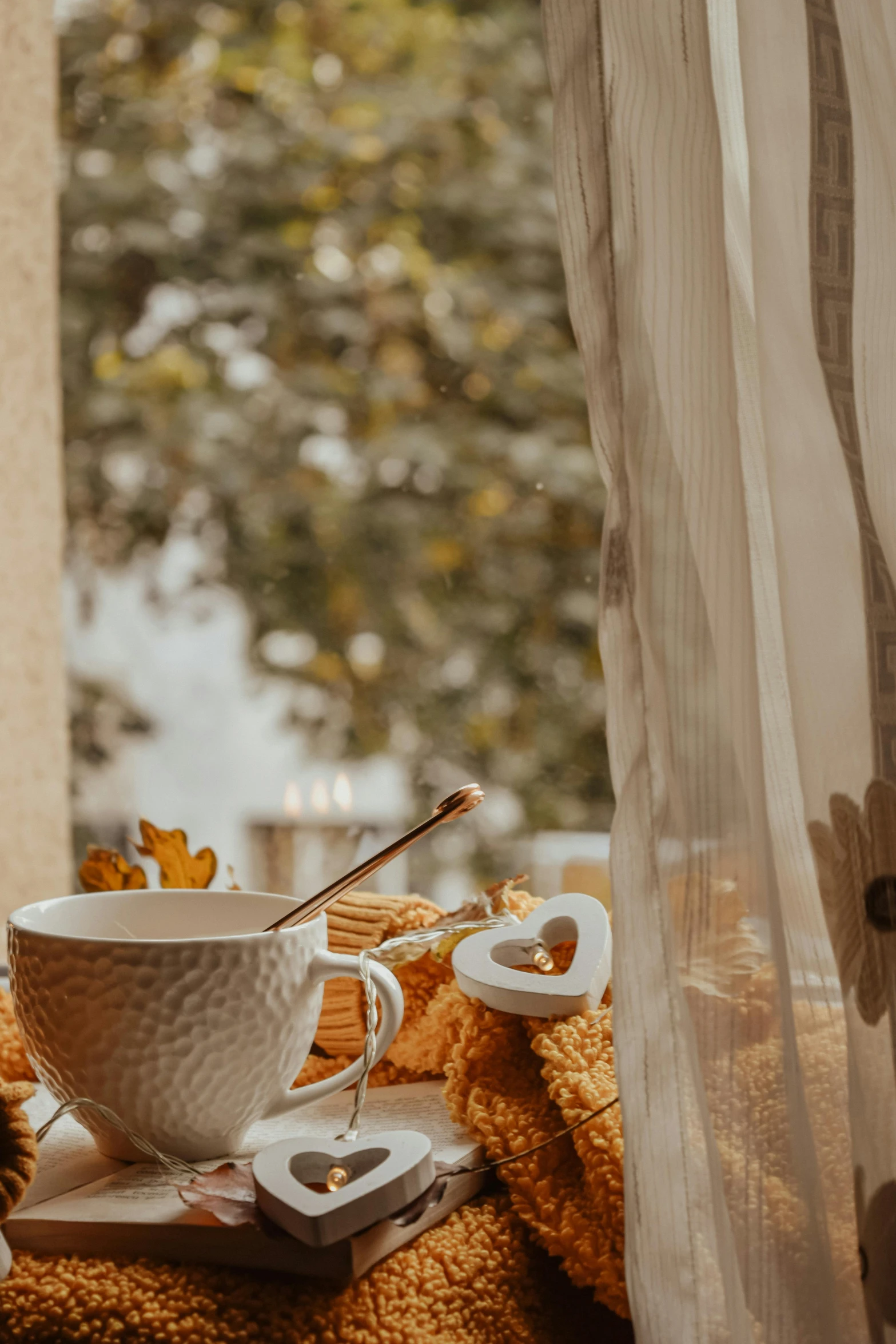 a cup of coffee sitting on top of a window sill, a still life, pexels contest winner, renaissance, dried leaves, having a snack, outdoors setting, low quality photo