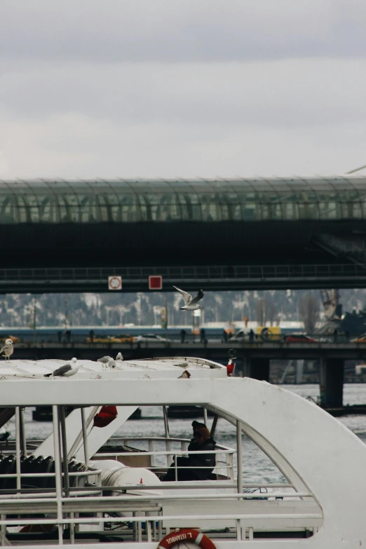 a boat on a body of water with a bridge in the background, happening, zoomed in, seattle, low quality photo, gray skies