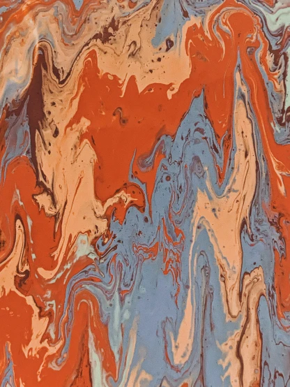 a close up of a painting of orange and blue, inspired by Morris Louis Bernstein, trending on unsplash, marbled swirls, brown, ilustration, color image