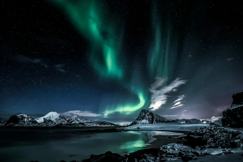 the aurora lights in the sky above a body of water, pexels contest winner, hurufiyya, icy mountains in the background, hasselblad photography, black, multiple stories