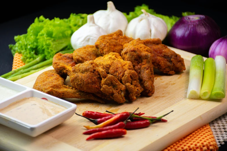 a wooden cutting board topped with fried chicken and vegetables, trending on pixabay, dau-al-set, background image, malaysian, thumbnail, spicy