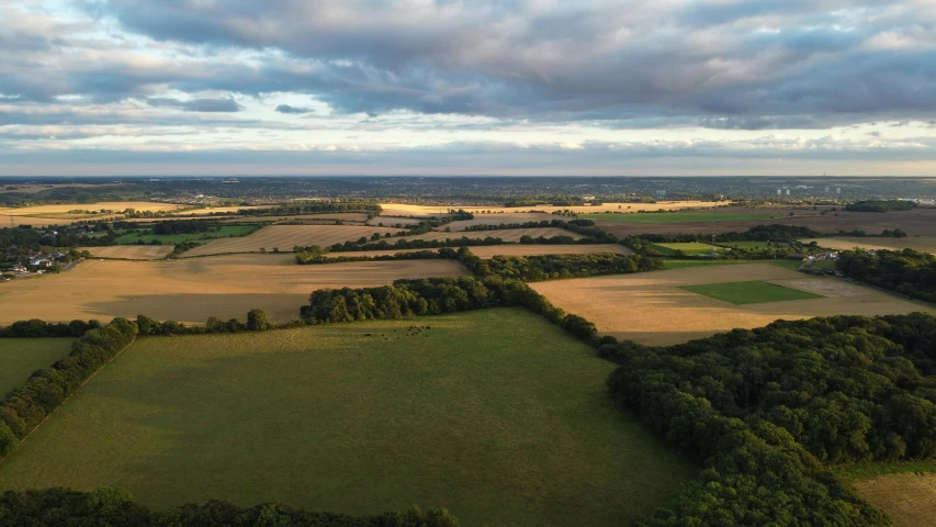 a view of the countryside from a hot air balloon, by Charles Uzzell-Edwards, unsplash, land art, 4 k cinematic panoramic view, late afternoon, madgwick, an expansive grassy plain