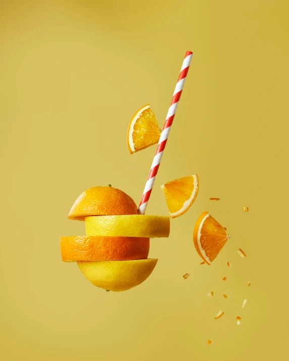 a glass filled with orange slices and a straw, shutterstock contest winner, conceptual art, playful composition canon, behance lemanoosh, ball shaped accordion sleeve, food particles