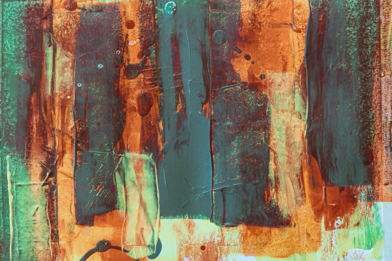 a close up of a painting on a wall, inspired by Peter Lanyon, unsplash, lyrical abstraction, copper and deep teal mood, digital art - n 9, striped orange and teal, in thick layers of rhythms