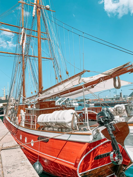 a boat that is sitting in the water, on the deck of a sailing ship, 🚿🗝📝, surrounding the city, red brown and white color scheme