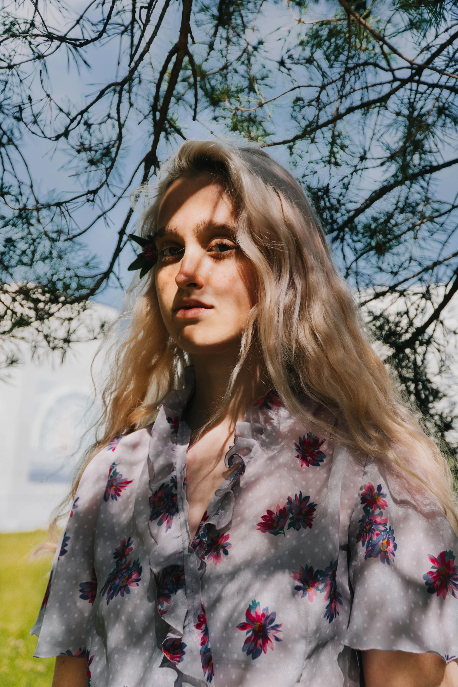 a woman standing under a tree in a field, an album cover, inspired by Elsa Bleda, trending on pexels, renaissance, silver long hair, halfbody headshot, tie-dye, concert