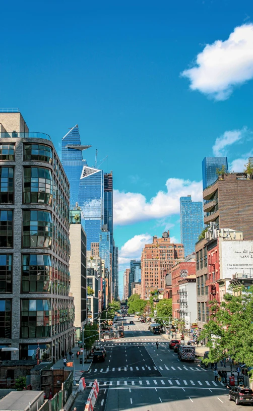 a city street filled with lots of tall buildings, clear blue skies, modern new york, slide show, square