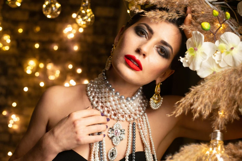 a woman in a black dress holding a bunch of pearls, intricate led jewellery, vintage makeup, thumbnail, choker