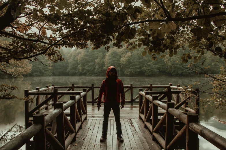 a person standing on a wooden bridge over a body of water, by Emma Andijewska, red hoodie, demogorgon from stranger things, unsplash photography, a person standing in front of a