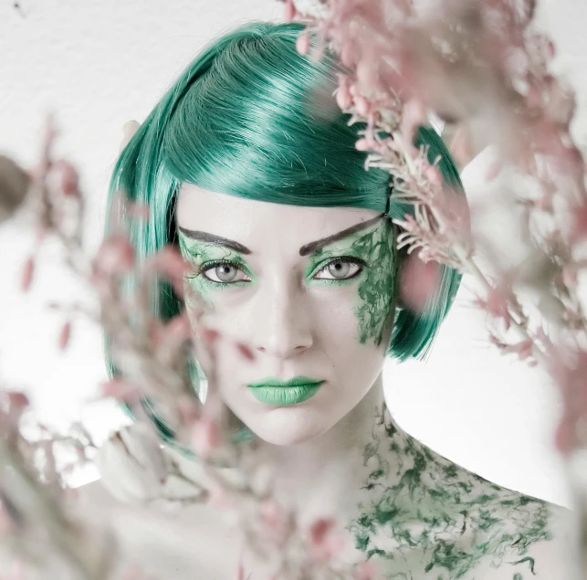 a close up of a person with green hair, a photo, trending on deviantart, art photography, woman made of plants, glamourous cosplay, postprocessed), ilustration