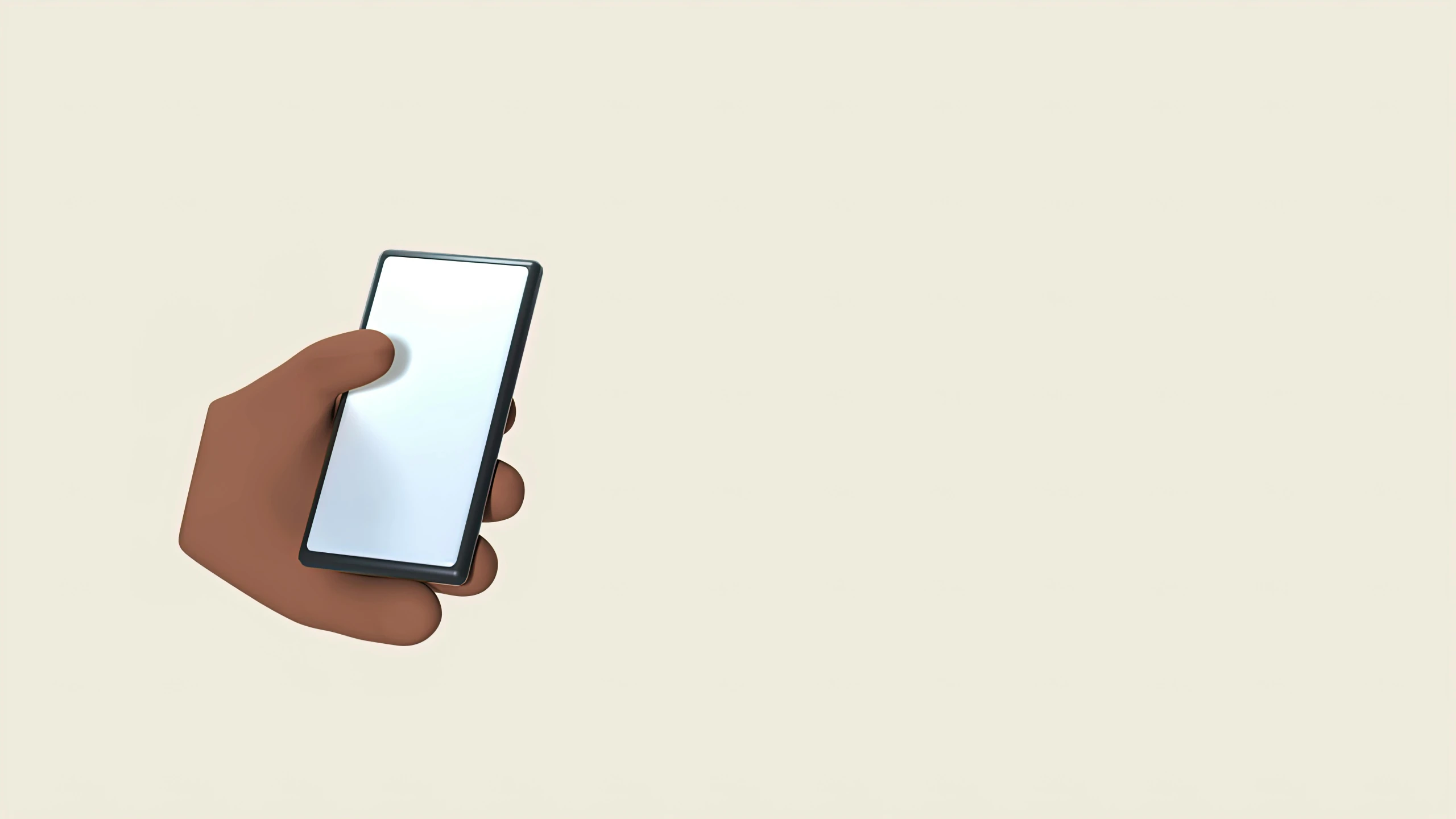 a hand holding a smart phone with a blank screen, a digital rendering, by Carey Morris, conceptual art, ( brown skin ), simple minimal, wide screenshot, computer generated