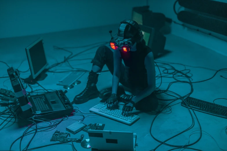 a man sitting on the floor in front of a laptop computer, cyberpunk art, inspired by Elsa Bleda, unsplash, cyberpunk headset, female cyborg in data center, cyberpunk black metal band, calarts